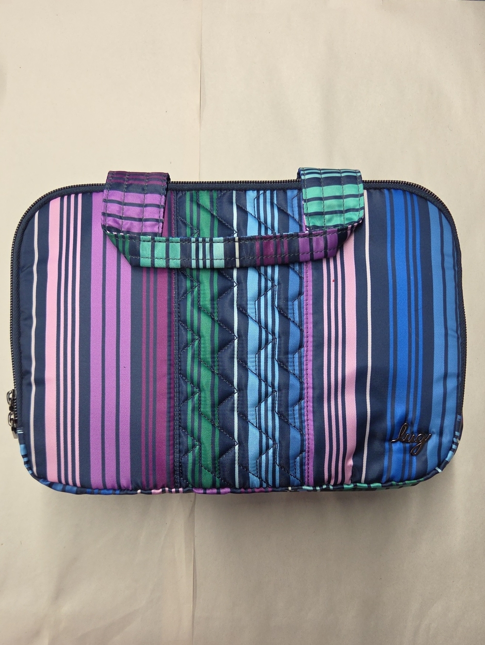 lug Multicolor Striped Quilted FlatbedCosmetic Case in Pink, Purple, Green, Blue